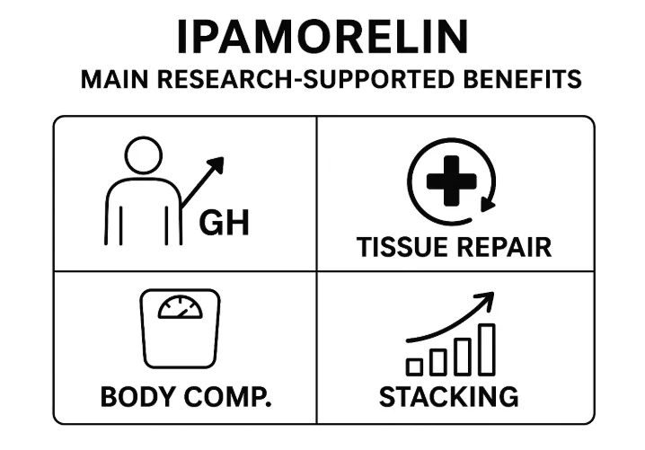 Ipamorelin benefits: GH release, muscle repair, body composition, stacking