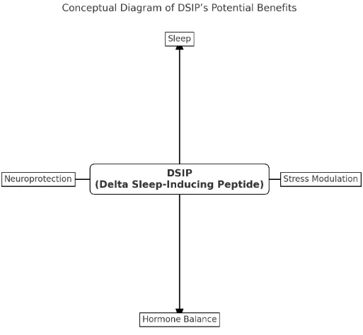 Diagram of DSIP’s potential benefits in sleep, stress, hormones, and neuroprotection