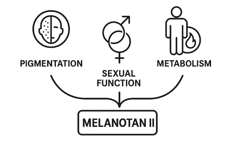 Diagram of Melanotan II benefits: tanning, sexual function, metabolism